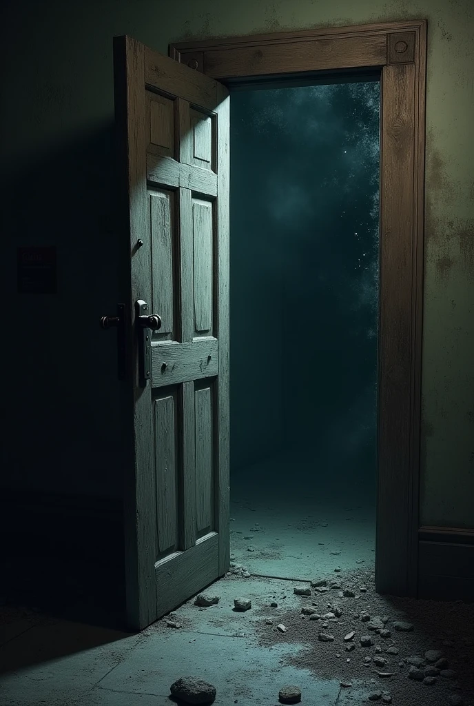 A heavy, closed old door in a dimly lit corridor, slightly ajar, leading into a dark, musty room. The room beyond is filled with dust and cobwebs, and the air looks thick and oppressive."