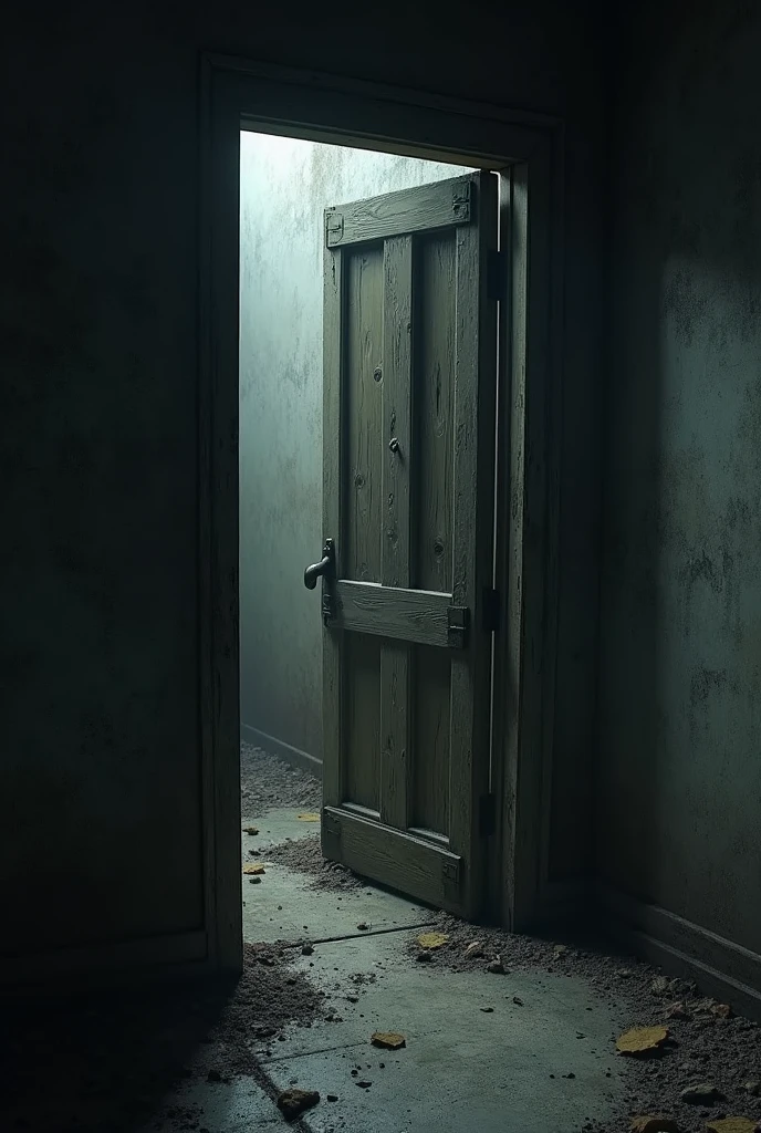 A heavy, closed old door in a dimly lit corridor, slightly ajar, leading into a dark, musty room. The room beyond is filled with dust and cobwebs, and the air looks thick and oppressive."