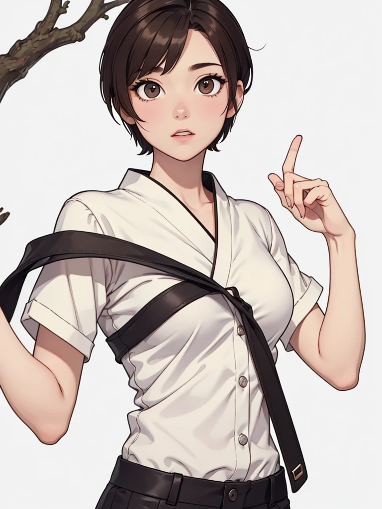 (((masterpiece, best quality, ultra highres, 1 girl, solo, white background))), super detailed skin and face and eyes and finger, beautiful japanese woman, flat breasts:1.5, skinny, light brown hair, very short pixie hair, pixie haircut, cowboy shot, no background, 2D anime, boyish, Various clothes, Various poses, Various facial expressions, draw the entire character within the frame, ensuring that the head, arms and legs are not cut off, with the character positioned centrally, 