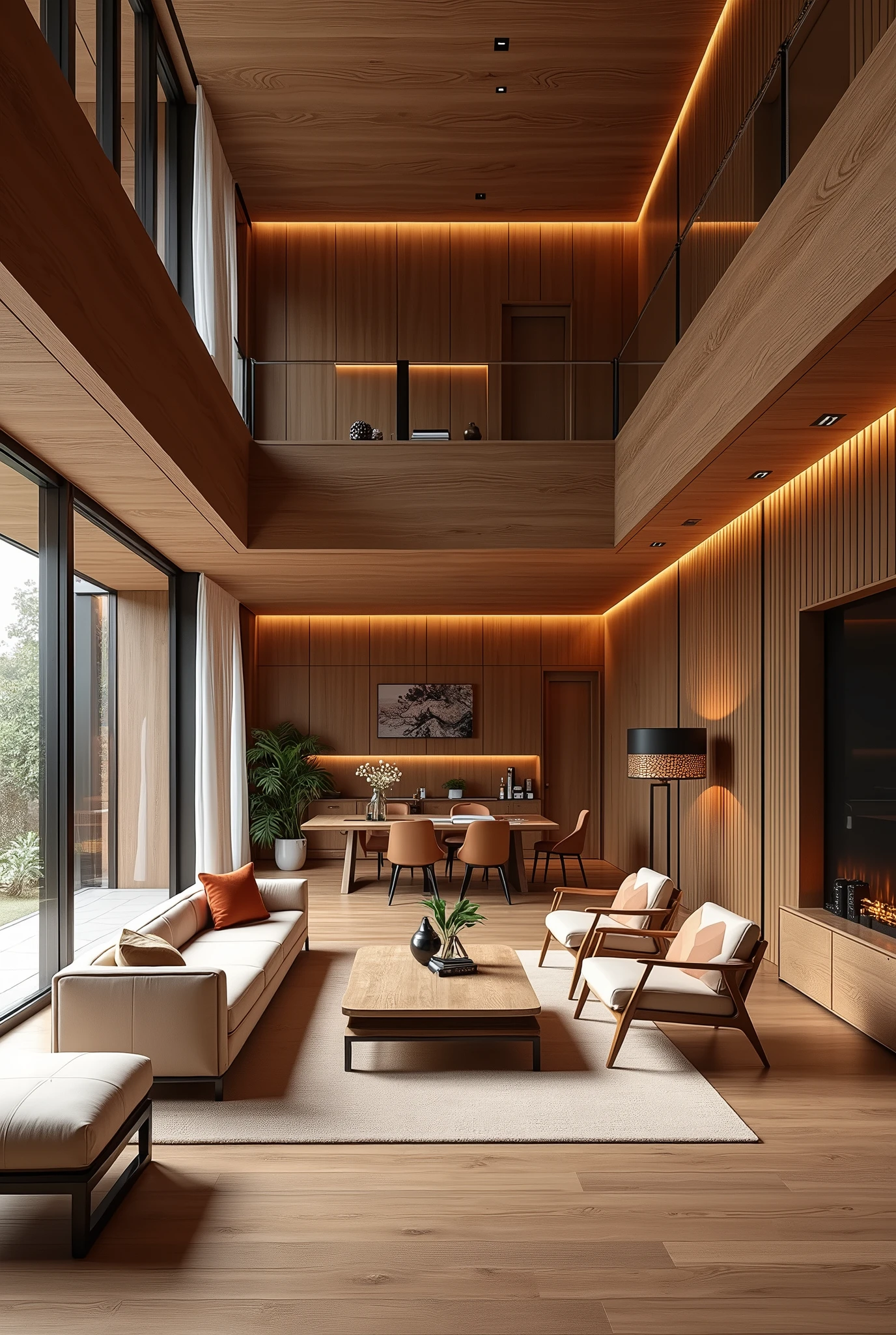 Generate a series of realistic images featuring modern and luxurious interior spaces decorated with high-quality wood elements. The environments should include living rooms, dining areas, and home offices, showcasing wooden furniture, flooring, wall panels, and decorative accents. The overall aesthetic should be warm and inviting, with a mix of contemporary and rustic styles. Use natural lighting and rich color tones to highlight the texture and beauty of the wood, creating a sense of sophistication and elegance. These images will be used for the cover of a logo presentation.