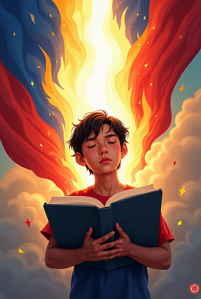 An poster created by ager showing a Filipino reading a book becomes enlightened and is now ready and proud to face the world. Should include elements of Philippine flag.