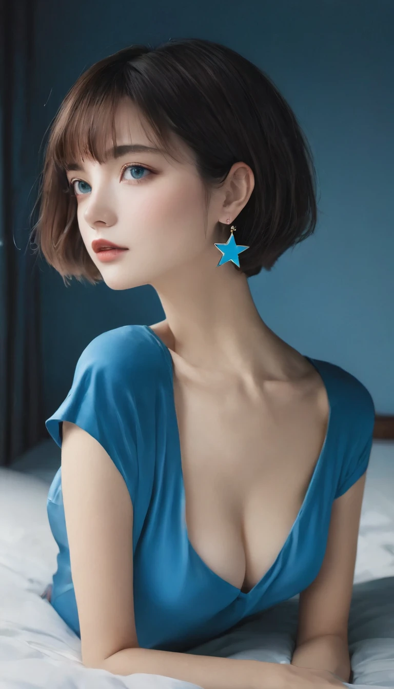 (high quality, 8k, 4K, High Contrast, masterpiece:1.2, 最high quality, Best aesthetics),low angle shot, ((female)),((Sucking a dick:1.5)), ((Background in a dark room:1.3)),((Flat Color)),High Contrast, Contrasting colors, , Pale pink and blue lighting,Small nipples,Black Hair, Red eyes, Looking at the audience, (Cool look), Sleepy eyes, ((Short Hair)) , (Tied Hair), Small star-shaped earrings in both ears, bright eyeshadow, Mature face,necklace,small tits,On the bed