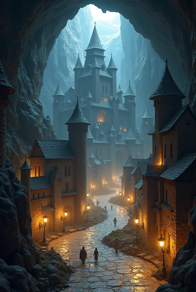 A massive undergound dwarven stronghold fortress, the roof is a dark cave, you can't see the sky, the best quality, streelights lighting up the roads, dwarves everywhere, massive towers rising into the distance, underground cave, cozy, warm colours, strong, noble 