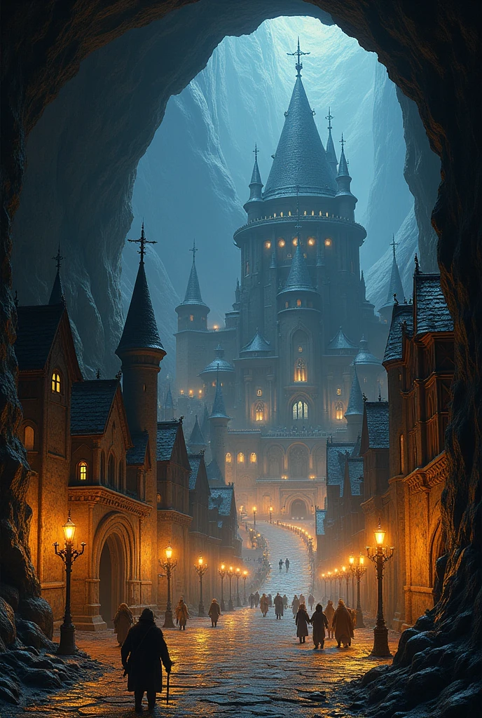 A massive undergound dwarven stronghold fortress, the roof is a dark cave, you can't see the sky, the best quality, streelights lighting up the roads, dwarves everywhere, massive towers rising into the distance, underground cave, cozy, warm colours, strong, noble 