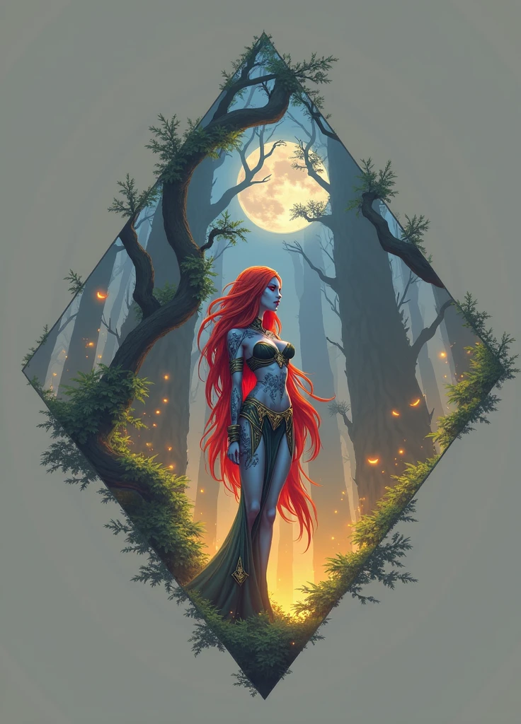 Night elf, beautiful elf female, Warcraft, long hair, red hair, tattoo, in wood 