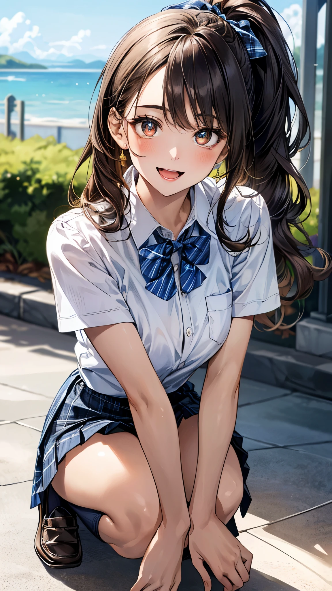 (masterpiece:1.3, top-quality, ultra high res, ultra detailed), (realistic, photorealistic:1.3), beautiful illustration, perfect lighting, natural lighting, colorful, depth of fields, surrealism,
beautiful detailed hair, beautiful detailed face, beautiful detailed eyes, beautiful clavicle, beautiful body, beautiful chest, beautiful thigh, beautiful legs, beautiful fingers, shiny skin, babyface,
looking at viewer, selfie, 1 girl, high school girl, (perfect anatomy, anatomically correct, super detailed skin), cute and symmetrical face, perfect face, perfect eyes,
(long hair, ponytail, wavy hair, chestnut hair), asymmetrical bangs, gold eyes, big eyes, drooping eyes, long eyelashes, (large breasts:1.5, seductive thighs), glamorous, outstanding style,
(detailed cloth texture, break light blue collared shirt, break light grey plaid pleated skirt, break navy blue plaid bow tie), navy socks, black loafer,
(beautiful scenery), evening, (shores, blue-sky), (crouching, pose with movement), (lovely smile, open mouth),
