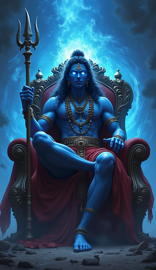  “Shani Dev, the son of Surya Dev and Chhaya, is sitting on a grand throne. He has a stern and powerful expression on his face. His eyes are glowing with intense energy, surrounded by a dark blue and black aura, representing his mighty gaze. His hand holds a trident, and around him, there is a swirling storm-like energy, symbolizing the immense power of his gaze.”