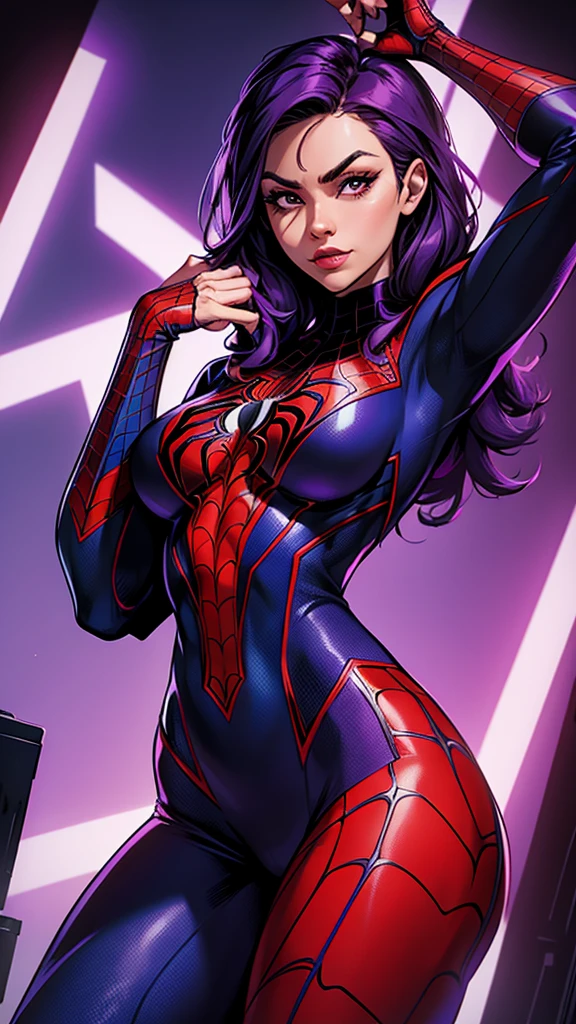 Create Spider-Woman in New York, She wears a purple uniform identical to Spider-Man&#39;s and has dark purple hair., her face covered with the purple spider man mask, look like young Sandra Bullock, sensual and hot, big breasts, athletics, thick-thighs, thin hips, wears armor on his feet, full body in the image, 8k, Best possible quality.