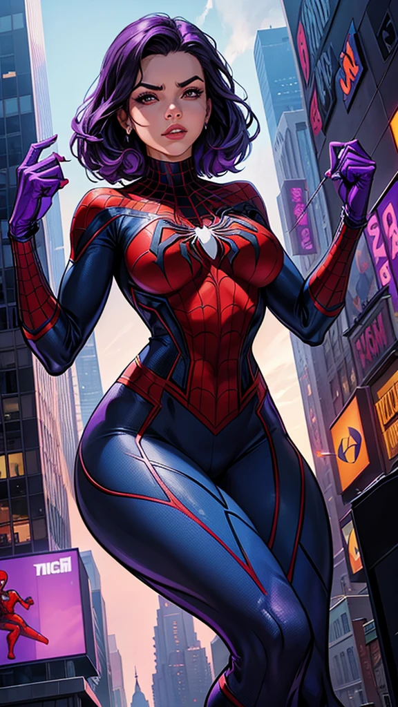 Create Spider-Woman in New York, She wears a purple uniform identical to Spider-Man&#39;s and has dark purple hair., her face covered with the purple spider man mask, look like young Sandra Bullock, sensual and hot, big breasts, athletics, thick-thighs, thin hips, wears armor on his feet, full body in the image, 8k, Best possible quality.