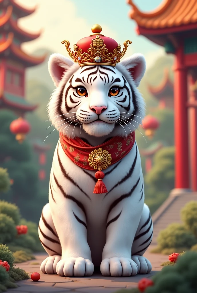 A white tiger wearing a Chinese official hat,Cute realistic style,background chinese style forest building