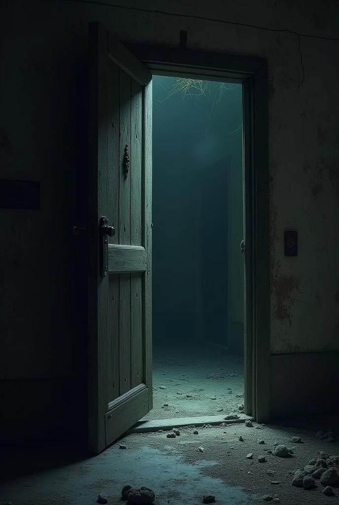 A heavy, closed old door in a dimly lit corridor, slightly ajar, leading into a dark, musty room. The room in front is filled with dust and cobwebs, and the air looks thick and oppressive."