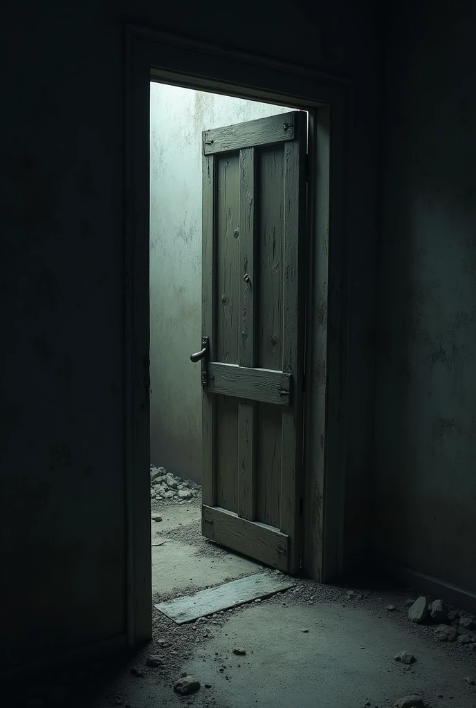 A heavy, closed old door in a dimly lit corridor, slightly ajar, leading into a dark, musty room. The room in front is filled with dust and cobwebs, and the air looks thick and oppressive."