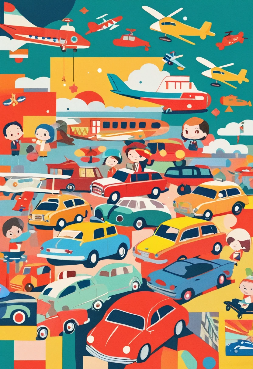 (masterpiece, best quality),
woodblock print collage depicting,chibi,chibi-boy,side view,he is surrounded by airplane and car symbols,boy's school-uniform,helicopter, rocket,colorful, The color scheme is bright and vibrant, creating a festive atmosphere for celebrating dream,collage art, contemporary artistic collage,