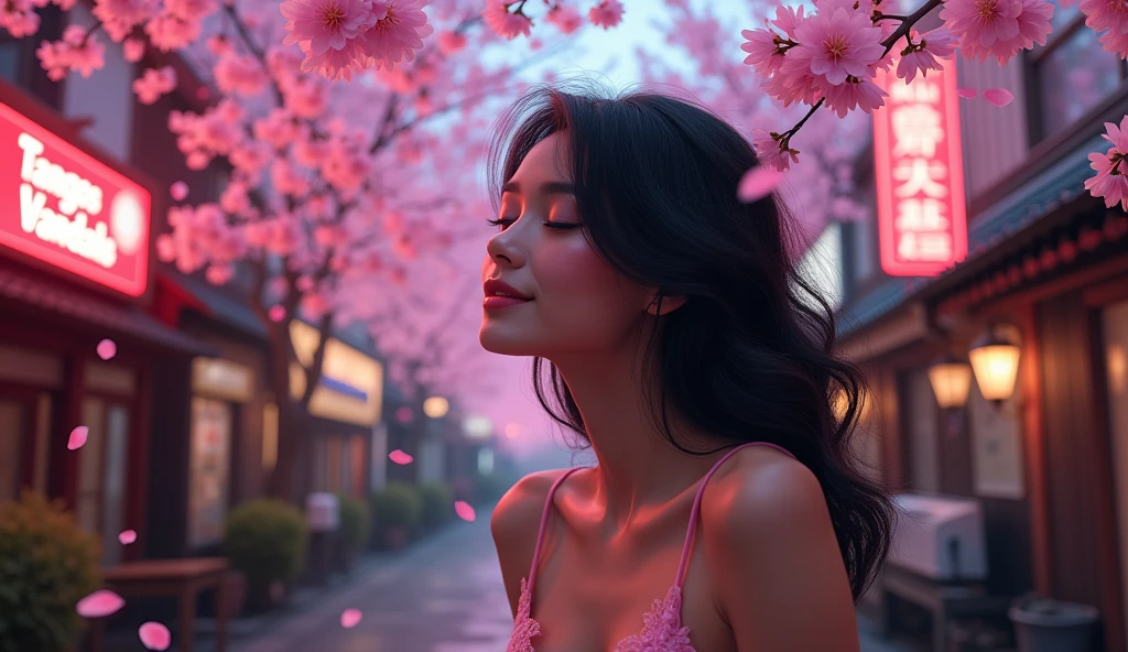 Create an image for the best music to think about under Japanese cherry trees, shows sensual face of happiness of a sexy woman under pink Japanese cherry blossoms on a Japanese street with lights and a neon sign that says "Tangos Vandals".