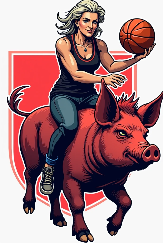 I would like to modernize the design of my basketball team&#39;s crest, giving it a more professional look. For it, We have to take into account: 1. Our main color is red; 2. We call ourselves The Mothertrotters; 3. The logo must be a woman, of a certain age, with a basketball, riding on the back of a punk pig. It is a difficult task, but I trust you. thank you so much