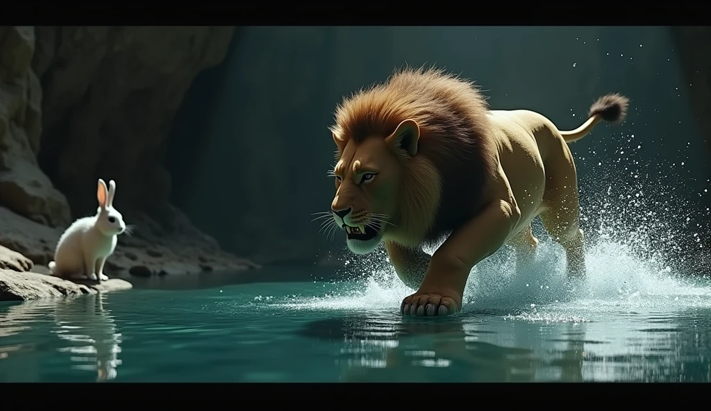 In Cinematic 3d style image " Scene 8: The Lion's Downfall
Description: The lion leaps into the cave’s pool, attacking his reflection. The water splashes, and the lion is shown struggling, eventually sinking into the water. The rabbit is seen in the background, watching the scene unfold calmly.
Focus: The dramatic moment of the lion’s defeat, emphasizing the rabbit’s success