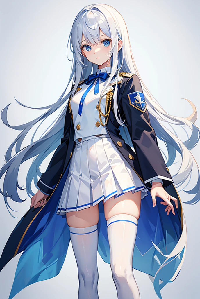 Uniform, white and blue, neat, long hair, cute, woman