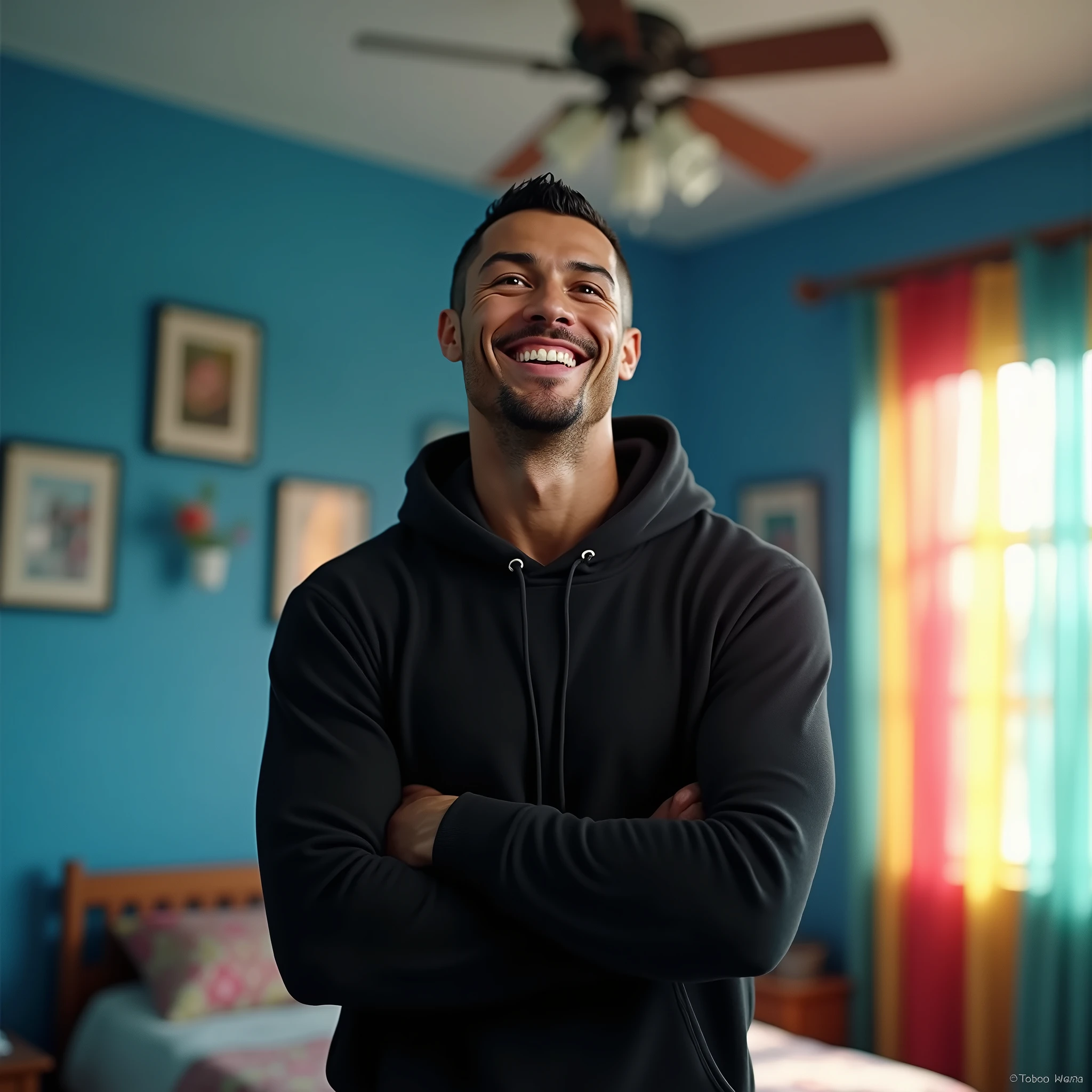 The image shows Cristiano Ronaldo standing in a bedroom with his arms crossed. He is wearing a black hoodie and has a big smile on his face. His eyes are wide open and his mouth is slightly open, as if he is laughing. He has a bald head and a goatee. The room has blue walls and a ceiling fan. There is a window with colorful curtains in the background.