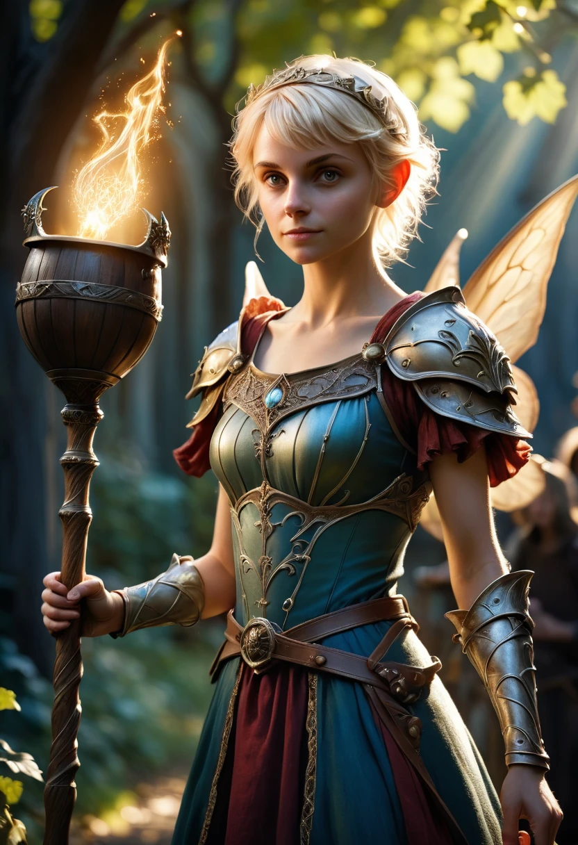 (Realystic:1.4), analog photo style, depths of field, (a blond-haired adult Pixie holding a mace. She is prepared for battle in a white cleric’s tunic. She has a wooden keg of beer next to her, dark fantasy atmosphere, deep shadows with the some sun rays, a delicate balance between reality and fantastic, faded colours, great quality, Masterpiece, most detailed blurred surreal background, naturally cinematic light, 16k quality, kodak porta 400, bokeh.