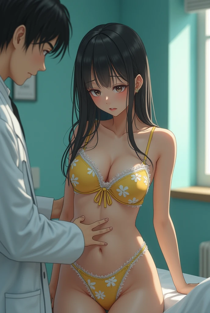 2 people, one girl japanese and one doctor. girl, young beatiful detailed face, large breast pouring out of tiny bra, wearing only matching cotton laced bra and panties yellow with flower patterns with detail and white lace trim, focus on panties low cut showing , wet crotch, camel toe , tight abs, round ass, thick thighs, sad face, worried face, looking at floor, realistic girl, real photo, 8k.. angry male white Doctor wearing lab coat, touching girls body. Body and breast exam.