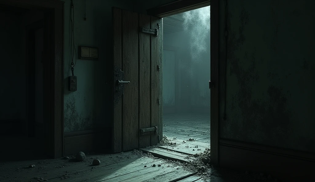 A heavy, closed old door in a dimly lit corridor, slightly ajar, leading into a dark, musty room. The room beyond is filled with dust and cobwebs, and the air looks thick and oppressive."
