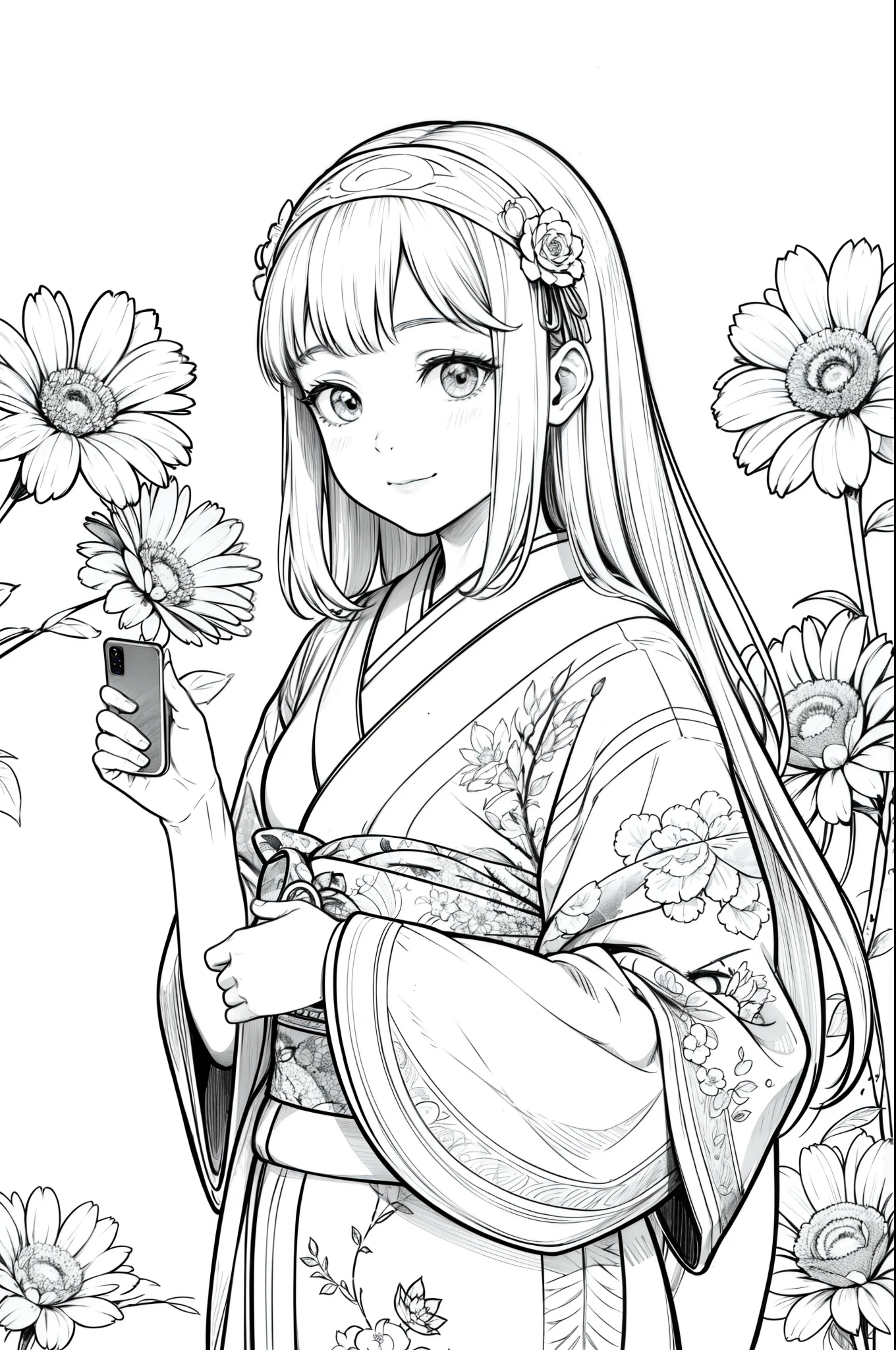 Masterpiece, top class, unique, cute, flowers, line drawing background, white background, monochrome, line drawing, ((sketch)), creepy, white eyes, create a monochrome coloring book that even adults can easily do, a realistic and cute ukiyo-e of a smiling girl in a kimono with the Great Buddha of Nara in the background, taking a selfie with a smartphone in one hand, conveying Japanese culture.