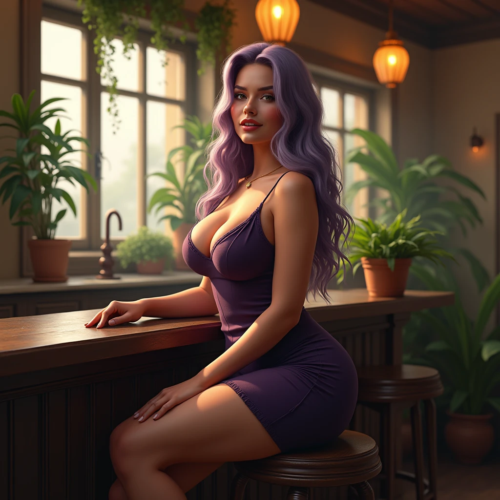 (photorealism:1.2), beautiful busty woman, sitting on a bar stool, wearing fitted, dark purple dress that grazes her thighs, long waist length wavey lilac hair, soft lighting, lots of indoor plants in background, a whimsicle cafe, window with sunlight, cozy boho, flirty pose, hyper realistic, 4k, photographed with iphone 14 pro, intricate details, warm colors, by Greg Rutkowski, art novue style.
