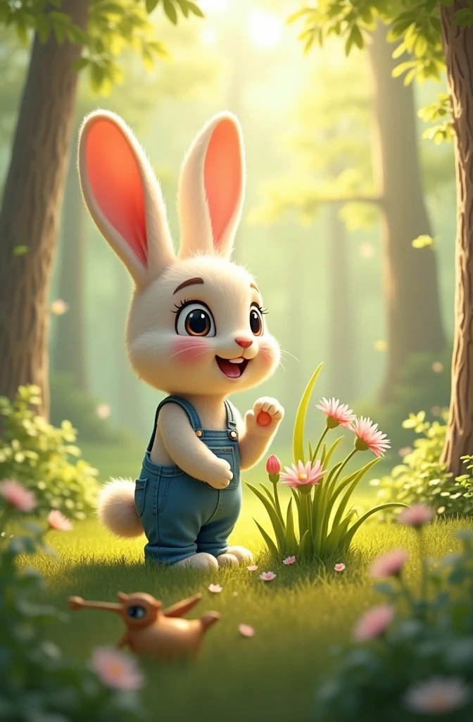 Anthropomorphic bunny, wearing blue overalls, looking up at the towering tree, smiling contentedly, tree leaves gently swaying in the wind, sunlight filtering through the canopy