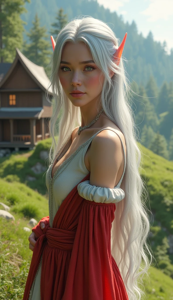 Full-body portrait. A beautiful silver-haired elven woman, wearing a red and white v neck dress, is looking at the scenery on the edge of a beautiful hill. The background is a simple house made full of shiny brown wood in an elven village. The background of the house is a beautiful elven village. This scene is a very detailed and professional 3D digital art. 8k high resolusi