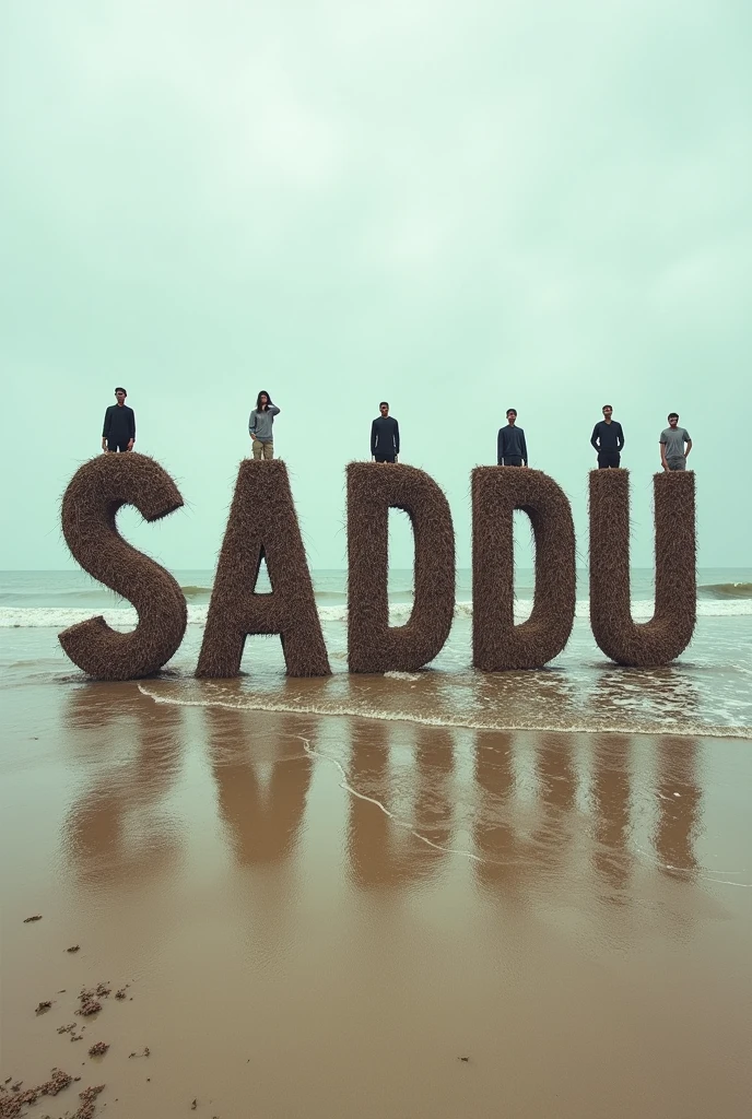 ( some people on the beach they are assemble like a name is style standing there like the name is Saddu
