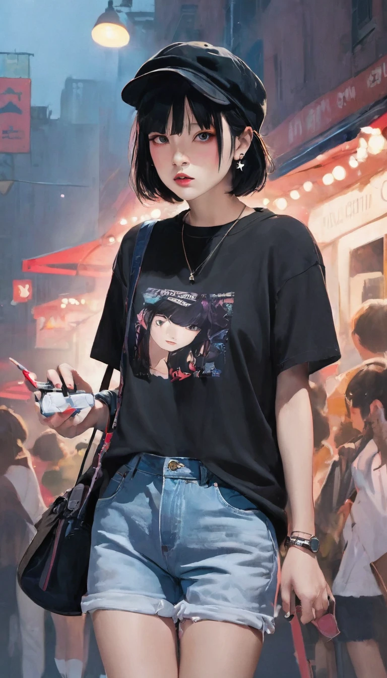 Smoking:1.4)) ((Flat Color)),High Contrast, Contrasting colors, , Pale pink and blue lighting,Black Hair, Red eyes, Newsboy cap, Oversized blackTshirt,Denim shorts,(White loose socks),Black sneakers, Looking at the audience, (Cool look), Sleepy eyes, ((Short Hair)) , (Tied Hair), Small star-shaped earrings in both ears, bright eyeshadow, Mature face,watch on right wrist,necklace,small tits