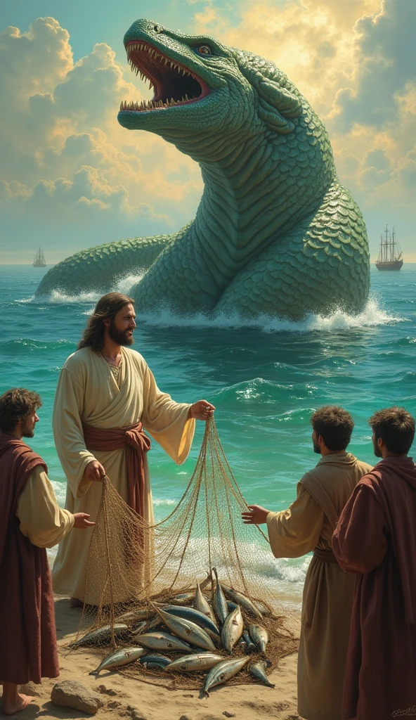 Jesus and the sea monster give fish to the fishermen