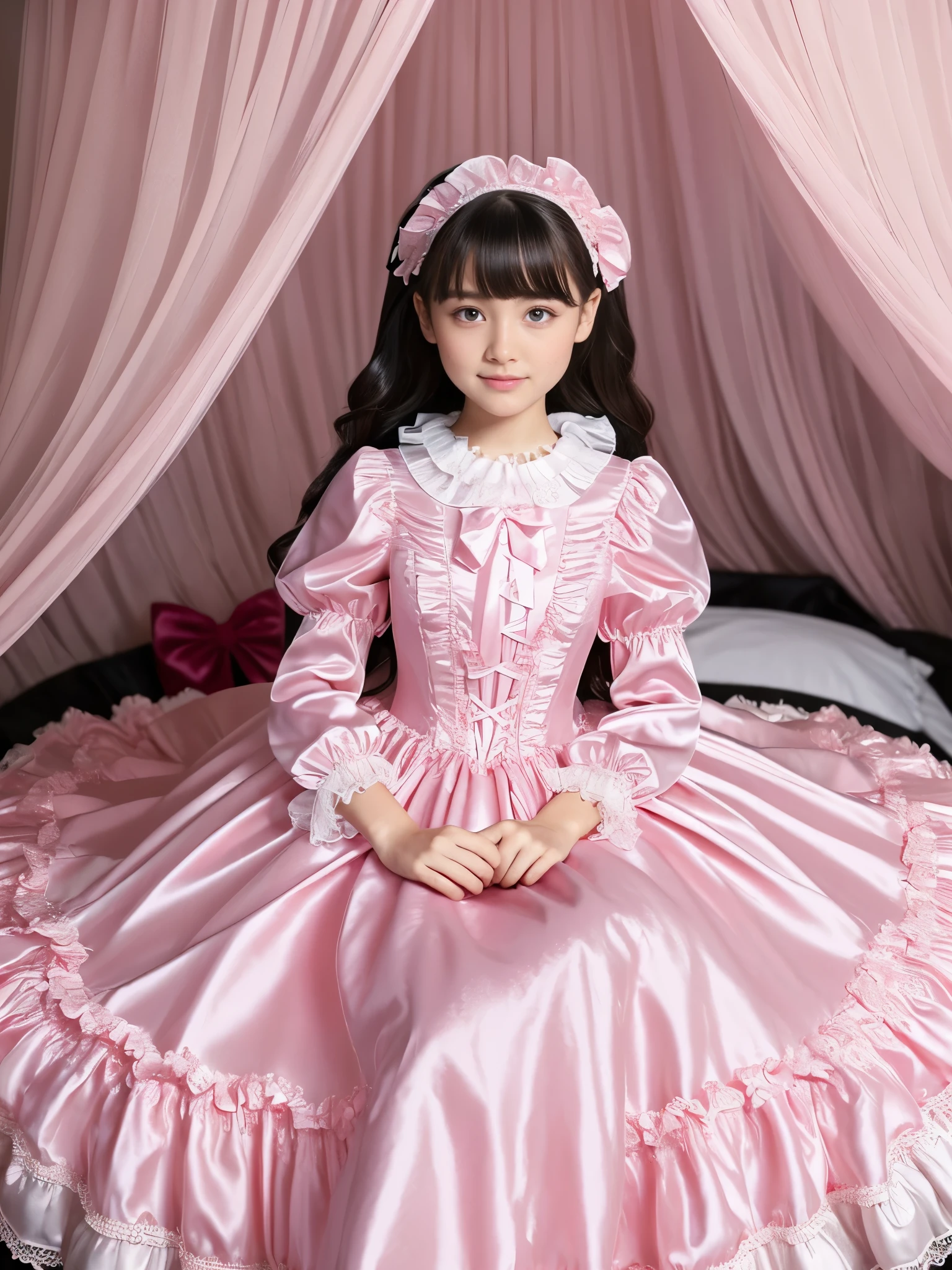 highest quality, masterpiece, highest resolution, artwork, super それにget used to it, many get used to it, get used to it, それにget used to it,(Loli),Child Girl, ,the girl is a princess,((girly dark pink satin fabric)), Long hair that reaches to the waist,((A Victorian ballgown dress with plenty of pink ruffles and bows and a voluminous full-length hoop skirt.)),long sleeve,long dress,A dress with lots of frills and ribbons..,luxury,((Palace bedroom)),((Huge square victorian canopy king size bed)),(the girl is sitting on the bed),lots of frilly pillows,ruffle bed skirt,