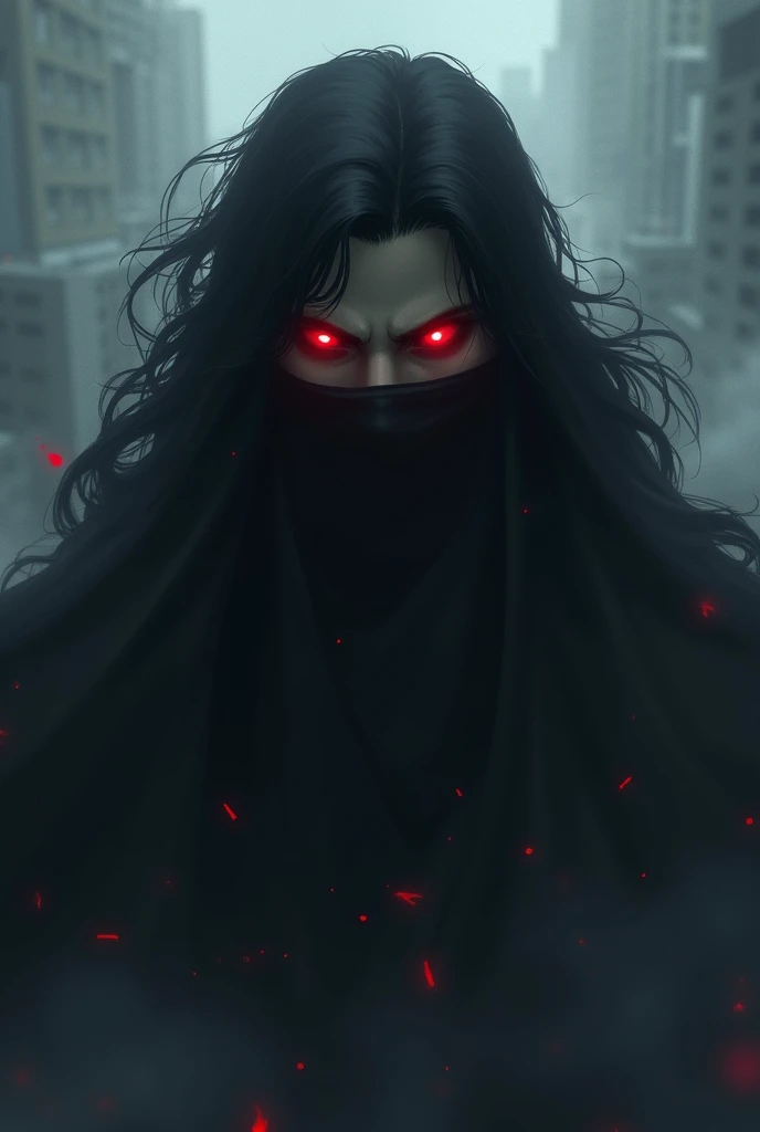 Make me a Commander, his Face covered by a Black Aura, but his red eye pieces through the Fog, Anime