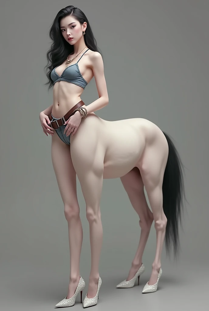 masterpiece,(Best quality:1.3),Centaur girl,lora:Centaur girlV1.0:0.6,(Icefield:1.3),(Head and body 1：9：1.3)Nine-head body，Elegant, beautiful and elegant，All four legs are the same thickness，All four legs are wearing tight jeans，camisole，denim jacket，Beautiful body，Light blue denim clothing，Wearing tight light blue jeans，I&#39;m wearing denim skinny pants，（(Light blue skinny denim trousers: 1.6)）,Smooth skin，Black Hair，Perfect facial features，Full breasts，(Leather belt bracelet neck: 1.4)，(White crystal high heels: 1.6)，Fair and translucent skin，Pale skin，Peach-like skin，The milky white porcelain skin of the eggs