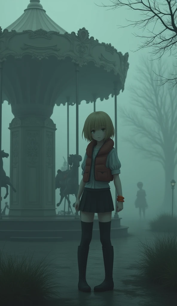 A girl  standing next to an eerie, vintage carousel in a foggy park. The scene is enveloped in thick mist, creating a haunting atmosphere, with soft and diffuse lighting that enhances the mysterious vibe. She has short blonde hair with side-swept bangs, fair skin, and expressive eyes that reflect a mix of curiosity and discomfort. She is wearing a life jacket over a blouse, a short skirt, and thigh-high boots, with an orange bracelet adding a splash of color. The setting is eerie and mysterious, characterized by soft, diffuse lighting that enhances the spooky atmosphere.