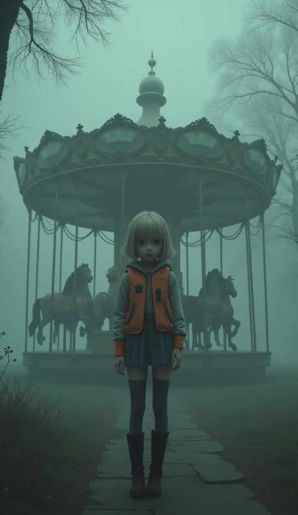A girl  standing next to an eerie, vintage carousel in a foggy park. The scene is enveloped in thick mist, creating a haunting atmosphere, with soft and diffuse lighting that enhances the mysterious vibe. She has short blonde hair with side-swept bangs, fair skin, and expressive eyes that reflect a mix of curiosity and discomfort. She is wearing a life jacket over a blouse, a short skirt, and thigh-high boots, with an orange bracelet adding a splash of color. The setting is eerie and mysterious, characterized by soft, diffuse lighting that enhances the spooky atmosphere.