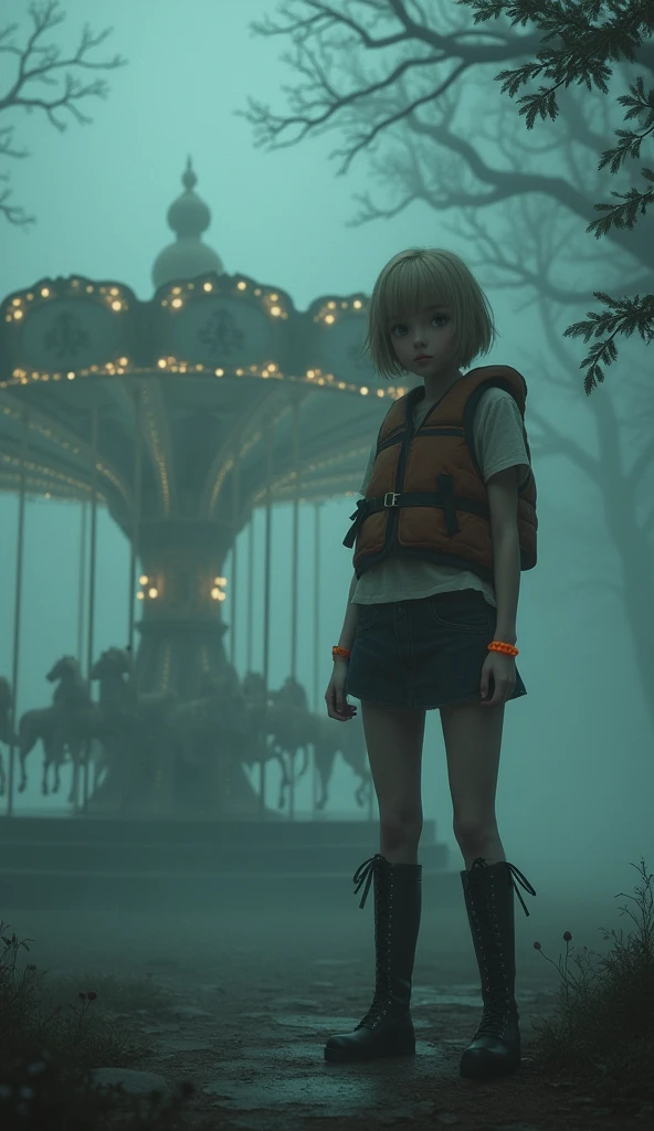A girl standing next to an eerie, vintage carousel in a foggy park. The scene is enveloped in thick mist, creating a haunting atmosphere, with soft and diffuse lighting that enhances the mysterious vibe. She has short blonde hair with side-swept bangs, fair skin, and expressive eyes that reflect a mix of curiosity and discomfort. She is wearing a life jacket over a blouse, a short skirt, and thigh-high boots, with an orange bracelet adding a splash of color. The setting is eerie and mysterious, characterized by soft, diffuse lighting that enhances the spooky atmosphere.