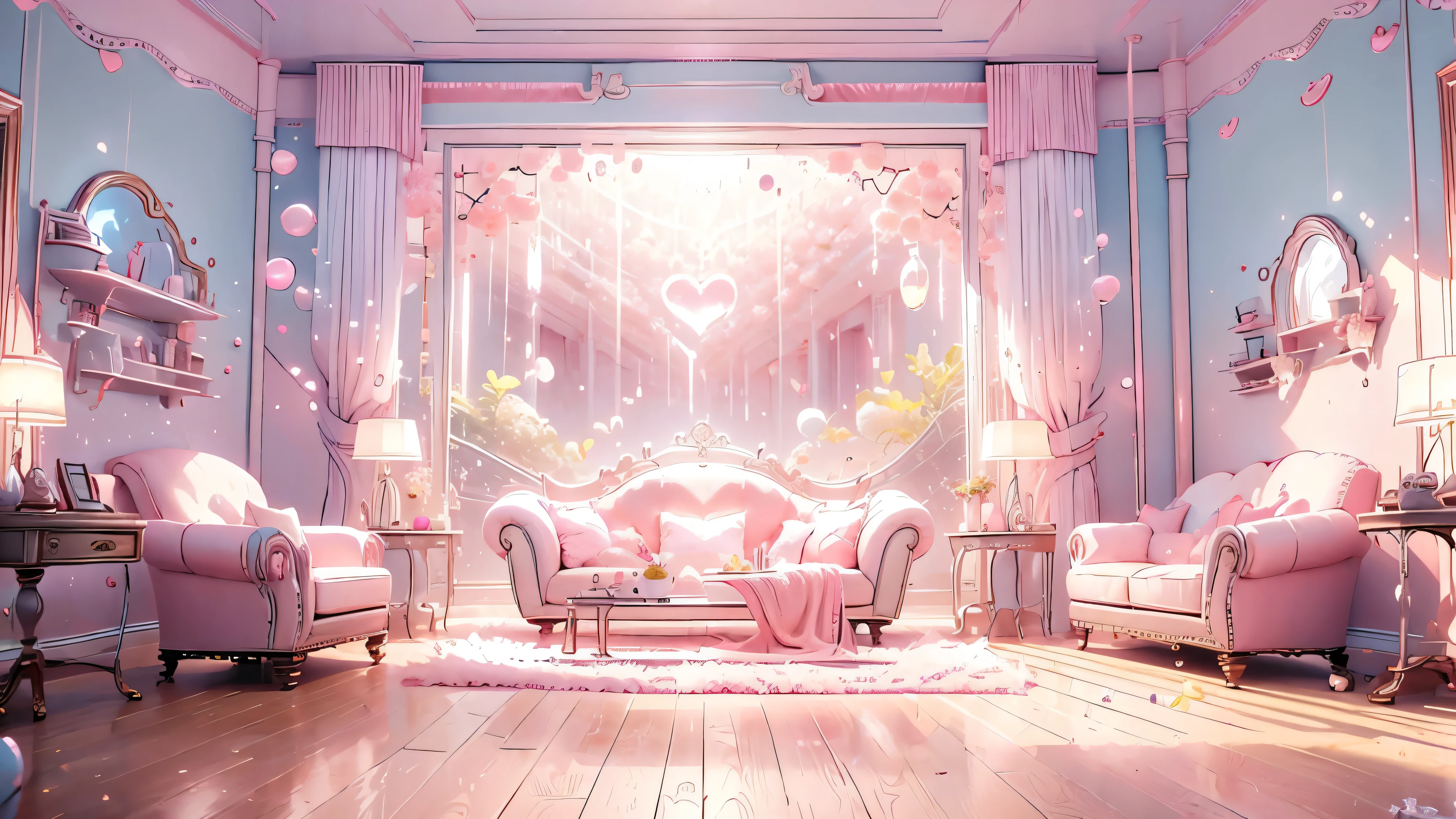 pink living room, kawaii room, ((no human, no people)), background