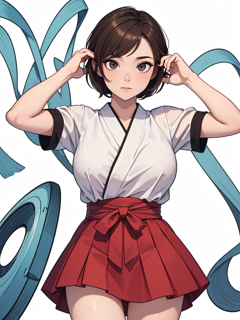 (((masterpiece, best quality, ultra highres, 1 girl, solo, white background))), super detailed skin and face and eyes and finger, beautiful japanese woman, flat breasts:1.5, skinny, light brown hair, very short pixie hair, pixie haircut, knee shot, no background, 2D anime, boyish, Various clothes, Various poses, Various facial expressions, draw the entire character within the frame, ensuring that the head, arms and legs are not cut off, with the character positioned centrally,