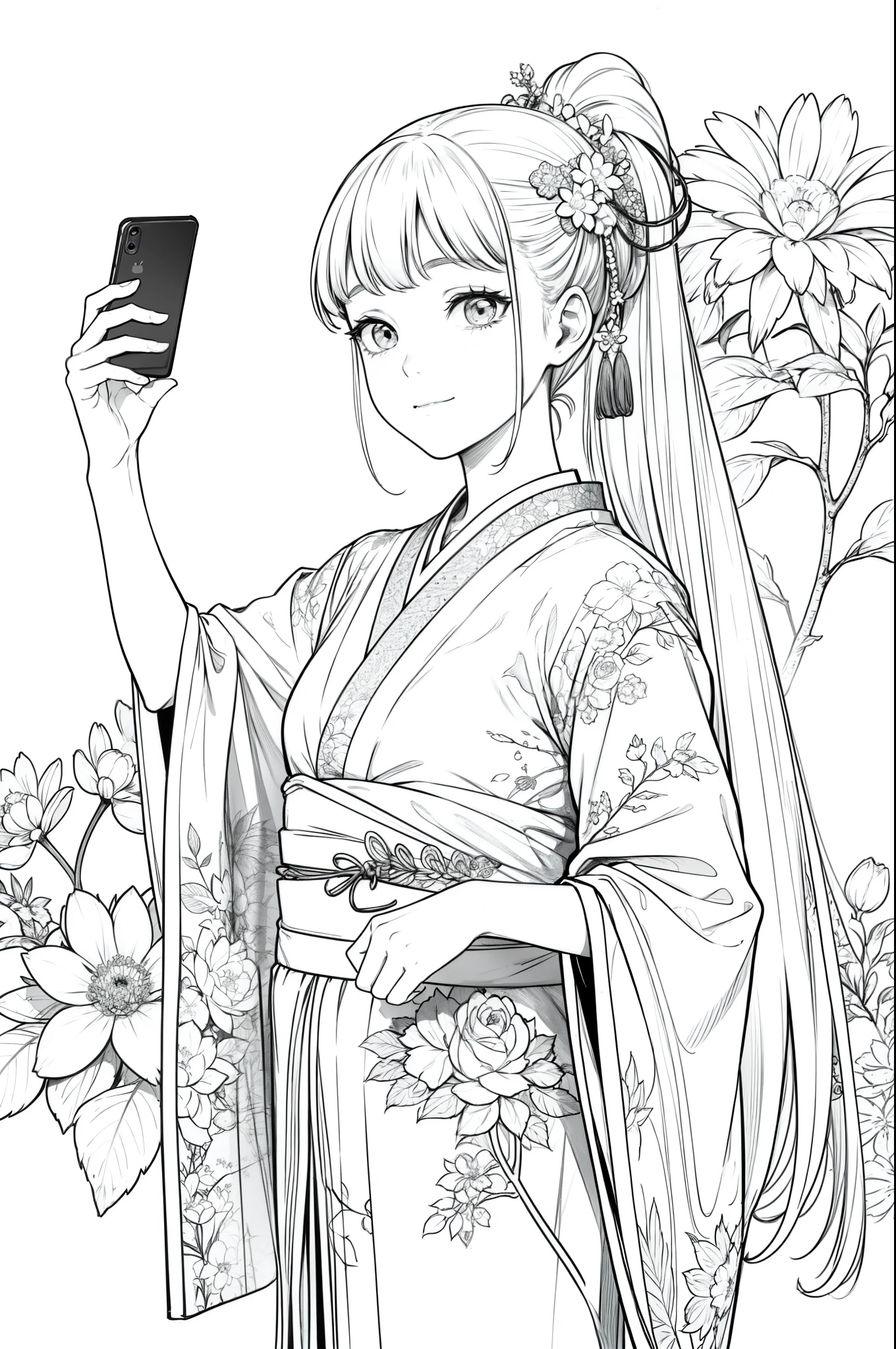 Masterpiece, top class, unique, cute, flowers, line drawing background, white background, monochrome, line drawing, ((sketch)), creepy, white eyes, create a monochrome coloring book that even adults can easily do, a realistic and cute ukiyo-e of a smiling girl in a kimono with the Great Buddha of Nara in the background, taking a selfie with a smartphone in one hand, conveying Japanese culture.
