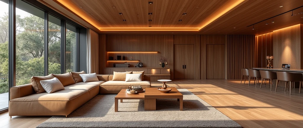 Generate a series of realistic images featuring modern and luxurious interior spaces decorated with high-quality wood elements. The environments should include living rooms, dining areas, and home offices, showcasing wooden furniture, flooring, wall panels, and decorative accents. The overall aesthetic should be warm and inviting, with a mix of contemporary and rustic styles. Use natural lighting and rich color tones to highlight the texture and beauty of the wood, creating a sense of sophistication and elegance. These images will be used for the cover of a logo presentation.