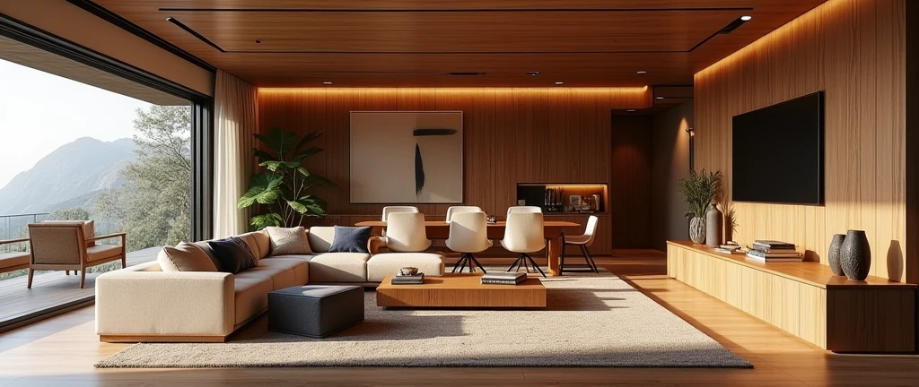 Generate a series of realistic images featuring modern and luxurious interior spaces decorated with high-quality wood elements. The environments should include living rooms, dining areas, and home offices, showcasing wooden furniture, flooring, wall panels, and decorative accents. The overall aesthetic should be warm and inviting, with a mix of contemporary and rustic styles. Use natural lighting and rich color tones to highlight the texture and beauty of the wood, creating a sense of sophistication and elegance. These images will be used for the cover of a logo presentation.
