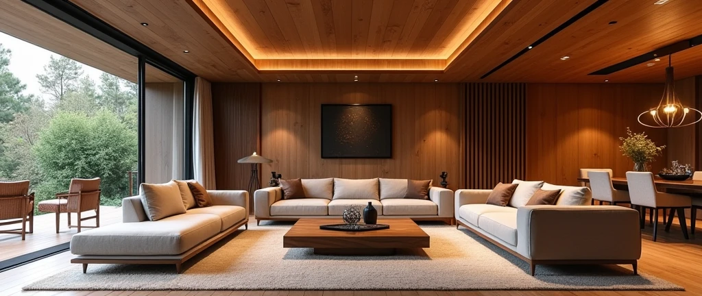 Generate a series of realistic images featuring modern and luxurious interior spaces decorated with high-quality wood elements. The environments should include living rooms, dining areas, and home offices, showcasing wooden furniture, flooring, wall panels, and decorative accents. The overall aesthetic should be warm and inviting, with a mix of contemporary and rustic styles. Use natural lighting and rich color tones to highlight the texture and beauty of the wood, creating a sense of sophistication and elegance. These images will be used for the cover of a logo presentation.