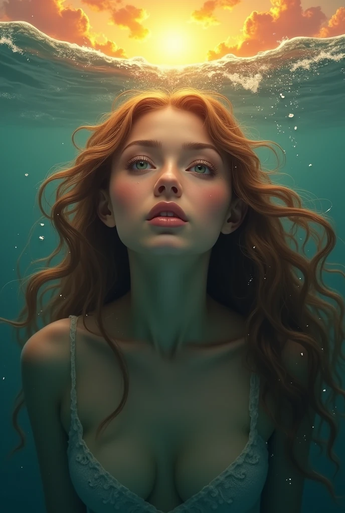 A real beautiful young mermaid girl only face mermaid looking up in a sun set in a underwater with brown and orange and yellow mix hair
