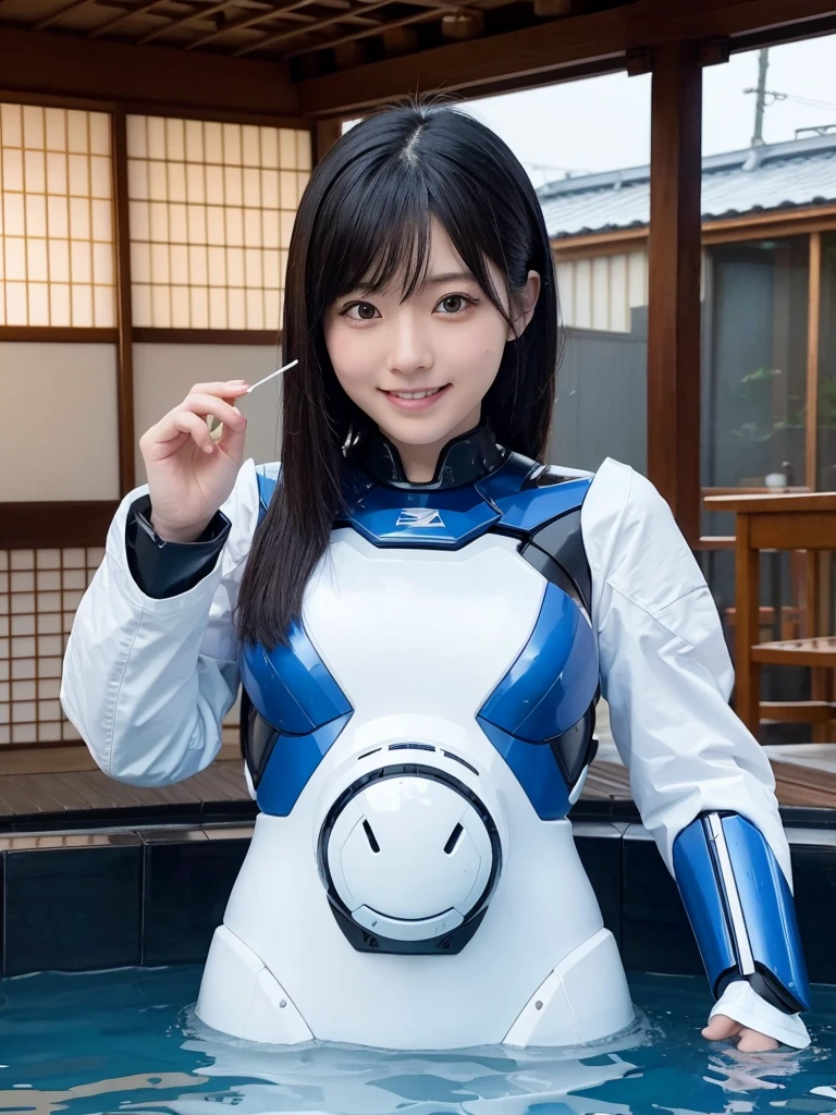 Japanese female android,Black Hair,White and blue robot suit,Plump,Eating Japanese food at a hot spring inn,smile