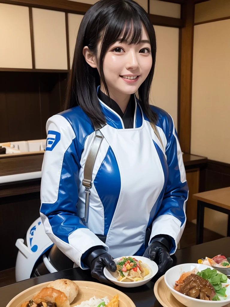 Japanese female android,Black Hair,White and blue robot suit,Plump,Eating Japanese food at a hot spring inn,smile