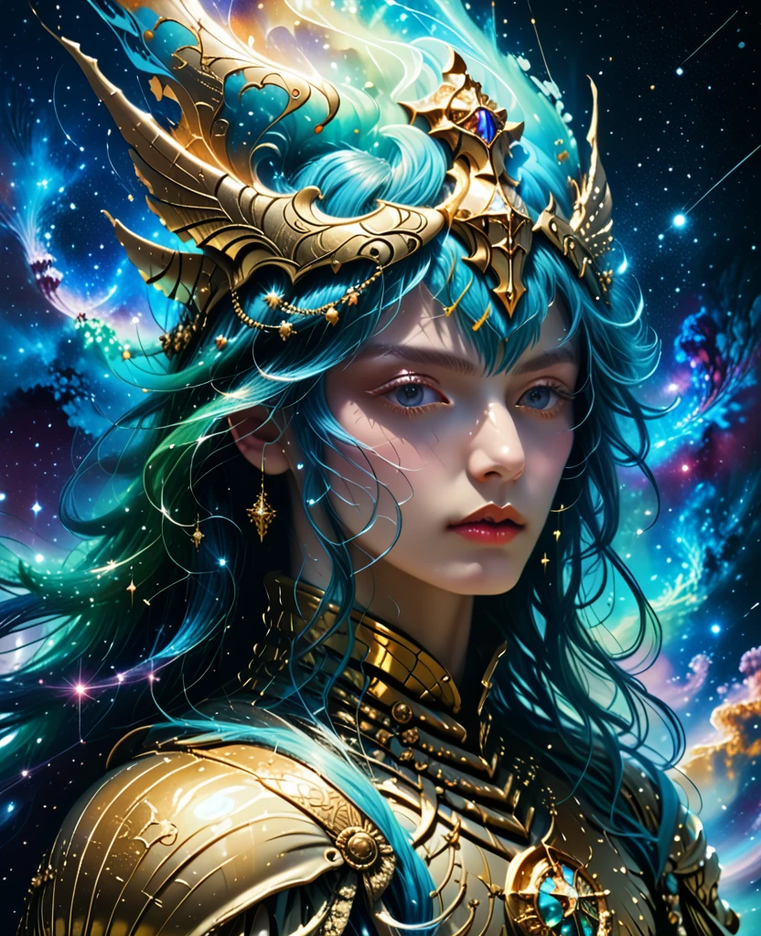 Saint Seiya,Gold Armor,movie light,ralistic,highly detailed,bright, universe, nebula, detailed, hyper realistic, clean background trending, bright background, high on details,8k --niji 5 --style expressive --s 400