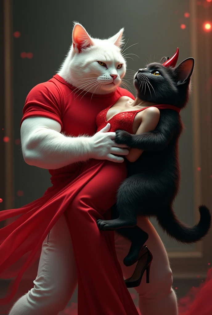 Dramatic Rescue Scene with Beautiful White Cat:the black Villain Cat in Dark Devil Dress with Magic Cap . White Cat in High Heels and red One-Piece Dress: dressed in her glamorous one-piece dress and high heels,
Description: The handsome white bodybuilder cat wearing a red tshirt and white pant is heroically rescuing the beautiful white cat from the clutches of the black Villain Cat in Dark Devil Dress with Magic Cap . White Cat in High Heels and One-Piece Dress: dressed in her glamorous one-piece dress and high heels, is shown being freed from the villain's grasp. The scene is filled with tension and drama, with dramatic lighting highlighting the rescue.