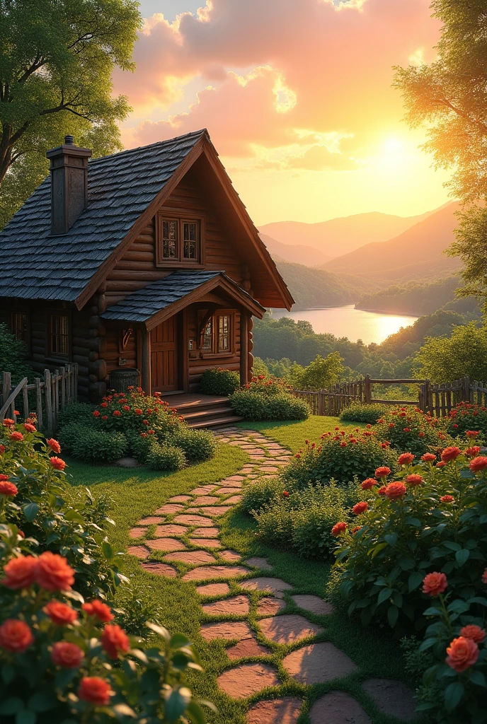 Cabin scenery with gardens at sunset